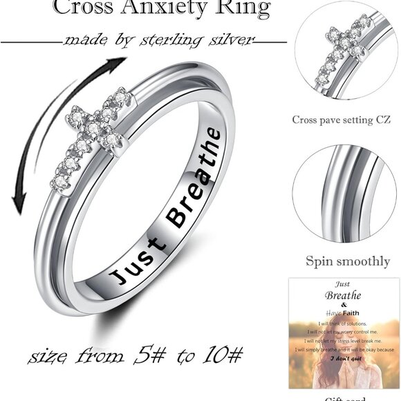 Cubic Zirconia Spinner Ring - Anxiety Relief Cross Design for Women, Sizes 5-10 - Picture 2 of 6
